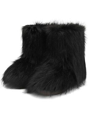 Women's Black Snow Furry Fluffy Comfortable Platform Flat Ankle Mini Boot
